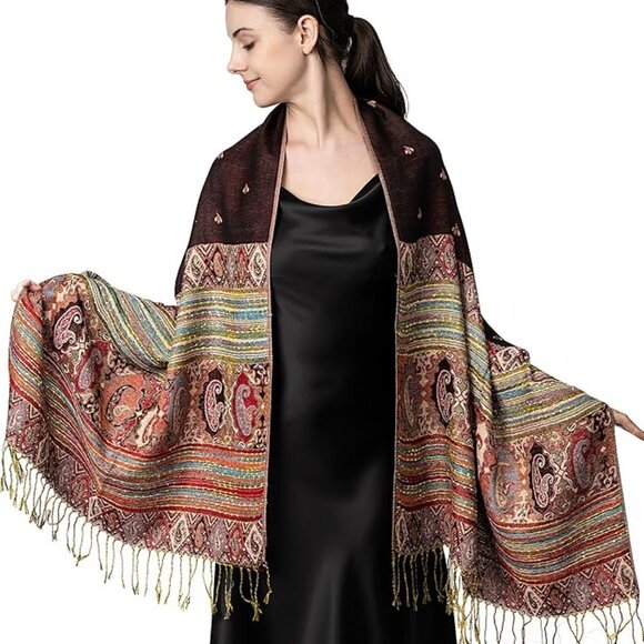 Achillea Reversible Bohemian Pashmina Ethnic Tribal Border Shawl Wrap Scarf - Picture 1 of 8